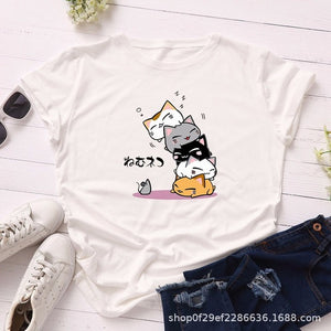 Summer T-Shirt Women Versatile S-5XL Cotton Graphic Funny Cats Print Female Short Sleeve Simple Tshirts Casual Fashion Tops Tees