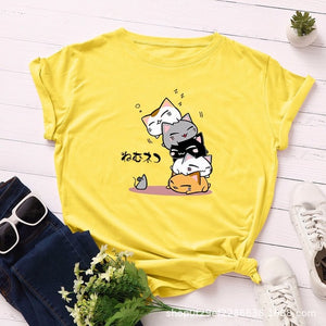 Summer T-Shirt Women Versatile S-5XL Cotton Graphic Funny Cats Print Female Short Sleeve Simple Tshirts Casual Fashion Tops Tees