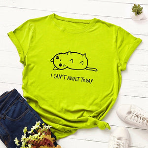 Women Cotton T-Shirt Graphic Tee Summer Tops  Short Sleeve Tees Slogan I Can&#39;t Adult Today Cartoon Cats Print T Shirts