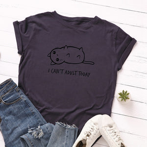 Women Cotton T-Shirt Graphic Tee Summer Tops  Short Sleeve Tees Slogan I Can&#39;t Adult Today Cartoon Cats Print T Shirts
