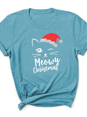 Cat Face Meowy Christmas Print Women T Shirt Short Sleeve O Neck Loose Women Tshirt Ladies Tee Shirt Tops Camisetas Mujer