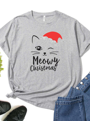 Cat Face Meowy Christmas Print Women T Shirt Short Sleeve O Neck Loose Women Tshirt Ladies Tee Shirt Tops Camisetas Mujer