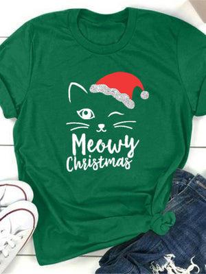 Cat Face Meowy Christmas Print Women T Shirt Short Sleeve O Neck Loose Women Tshirt Ladies Tee Shirt Tops Camisetas Mujer