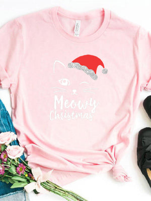 Cat Face Meowy Christmas Print Women T Shirt Short Sleeve O Neck Loose Women Tshirt Ladies Tee Shirt Tops Camisetas Mujer