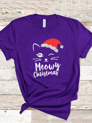 Cat Face Meowy Christmas Print Women T Shirt Short Sleeve O Neck Loose Women Tshirt Ladies Tee Shirt Tops Camisetas Mujer