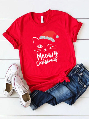 Cat Face Meowy Christmas Print Women T Shirt Short Sleeve O Neck Loose Women Tshirt Ladies Tee Shirt Tops Camisetas Mujer