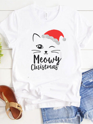 Cat Face Meowy Christmas Print Women T Shirt Short Sleeve O Neck Loose Women Tshirt Ladies Tee Shirt Tops Camisetas Mujer