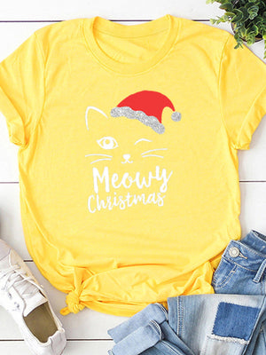 Cat Face Meowy Christmas Print Women T Shirt Short Sleeve O Neck Loose Women Tshirt Ladies Tee Shirt Tops Camisetas Mujer