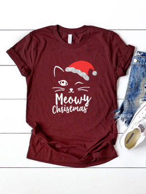 Cat Face Meowy Christmas Print Women T Shirt Short Sleeve O Neck Loose Women Tshirt Ladies Tee Shirt Tops Camisetas Mujer