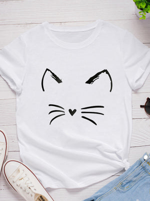 Cat Face Print Women T Shirt Short Sleeve O Neck Loose Women Tshirt Ladies Tee Shirt Tops Clothes Camisetas Mujer