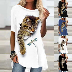 Women&#39;s T-Shirt White Black Short Sleeve Cat Animal Print T-Shirt Spring Summer Round Neck Fashion Casual Modern 2022 Tops