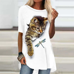 Women&#39;s T-Shirt White Black Short Sleeve Cat Animal Print T-Shirt Spring Summer Round Neck Fashion Casual Modern 2022 Tops