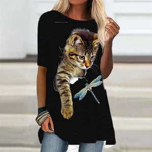 Women&#39;s T-Shirt White Black Short Sleeve Cat Animal Print T-Shirt Spring Summer Round Neck Fashion Casual Modern 2022 Tops