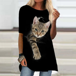 Women&#39;s T-Shirt White Black Short Sleeve Cat Animal Print T-Shirt Spring Summer Round Neck Fashion Casual Modern 2022 Tops