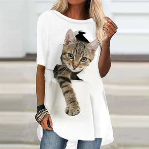 Women&#39;s T-Shirt White Black Short Sleeve Cat Animal Print T-Shirt Spring Summer Round Neck Fashion Casual Modern 2022 Tops