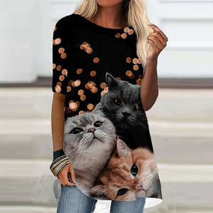 Women&#39;s T-Shirt White Black Short Sleeve Cat Animal Print T-Shirt Spring Summer Round Neck Fashion Casual Modern 2022 Tops