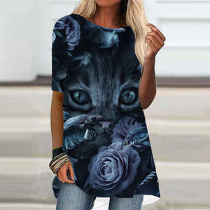 Women&#39;s T-Shirt White Black Short Sleeve Cat Animal Print T-Shirt Spring Summer Round Neck Fashion Casual Modern 2022 Tops