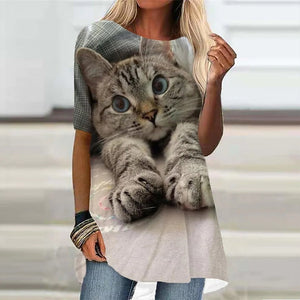 Women&#39;s T-Shirt White Black Short Sleeve Cat Animal Print T-Shirt Spring Summer Round Neck Fashion Casual Modern 2022 Tops