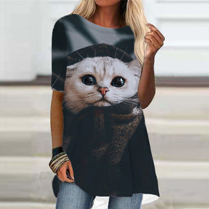 Women&#39;s T-Shirt White Black Short Sleeve Cat Animal Print T-Shirt Spring Summer Round Neck Fashion Casual Modern 2022 Tops