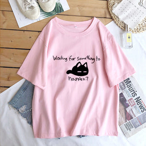 Waiting for Something To Happen Omori Cat Print Tee Shirt Funny Cats Lover T Shirt Harajuku Anime Graphic T Shirts Unisex Tops