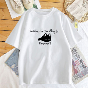 Waiting for Something To Happen Omori Cat Print Tee Shirt Funny Cats Lover T Shirt Harajuku Anime Graphic T Shirts Unisex Tops