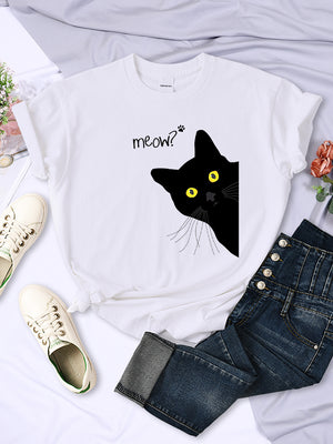 Black Cute Meow Cat Printing Women Tshirt Spring Summer Oversized Clothing Fashion Style t-Shirt o-Neck Casual Female t-Shirt