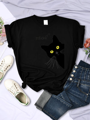 Black Cute Meow Cat Printing Women Tshirt Spring Summer Oversized Clothing Fashion Style t-Shirt o-Neck Casual Female t-Shirt