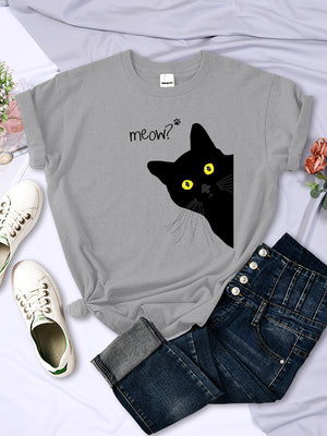 Black Cute Meow Cat Printing Women Tshirt Spring Summer Oversized Clothing Fashion Style t-Shirt o-Neck Casual Female t-Shirt