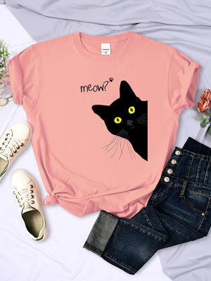 Black Cute Meow Cat Printing Women Tshirt Spring Summer Oversized Clothing Fashion Style t-Shirt o-Neck Casual Female t-Shirt