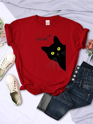 Black Cute Meow Cat Printing Women Tshirt Spring Summer Oversized Clothing Fashion Style t-Shirt o-Neck Casual Female t-Shirt