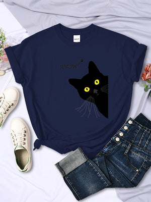 Black Cute Meow Cat Printing Women Tshirt Spring Summer Oversized Clothing Fashion Style t-Shirt o-Neck Casual Female t-Shirt
