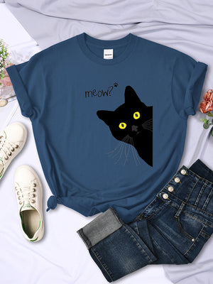 Black Cute Meow Cat Printing Women Tshirt Spring Summer Oversized Clothing Fashion Style t-Shirt o-Neck Casual Female t-Shirt