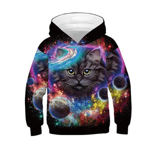 Boys and Girls Fall Cat Digital Print Hooded Long Sleeve Sweatshirt Hooded Pullover