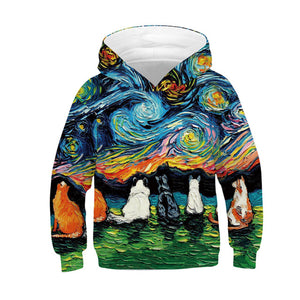 Boys and Girls Fall Cat Digital Print Hooded Long Sleeve Sweatshirt Hooded Pullover