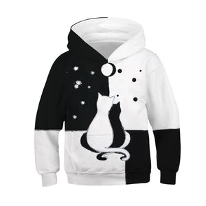 Boys and Girls Fall Cat Digital Print Hooded Long Sleeve Sweatshirt Hooded Pullover