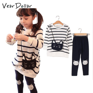 VearDoller Girls Clothing Sets 2019 New Cute Cat Bag Striped Long Sleeve T-shirts + Pants 2pcs Suit Casual Children&#39;s Sets