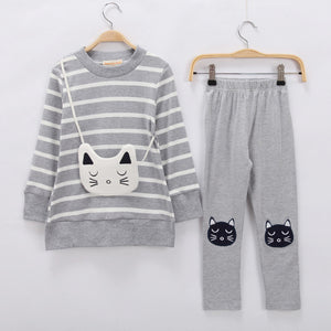 VearDoller Girls Clothing Sets 2019 New Cute Cat Bag Striped Long Sleeve T-shirts + Pants 2pcs Suit Casual Children&#39;s Sets