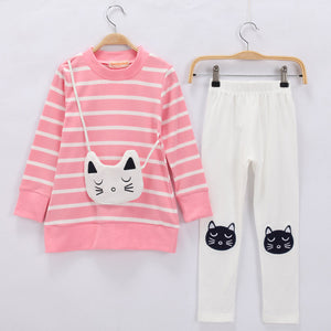 VearDoller Girls Clothing Sets 2019 New Cute Cat Bag Striped Long Sleeve T-shirts + Pants 2pcs Suit Casual Children&#39;s Sets
