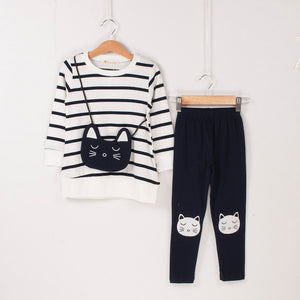 VearDoller Girls Clothing Sets 2019 New Cute Cat Bag Striped Long Sleeve T-shirts + Pants 2pcs Suit Casual Children&#39;s Sets