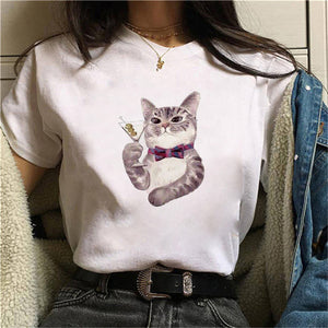 Cat Graphic T Shirt Women Funny T Shirt Summer Short Sleeve Shirt Femme Cartoon Kawaii Print Tshirts Camiseta Mujer Streetwear