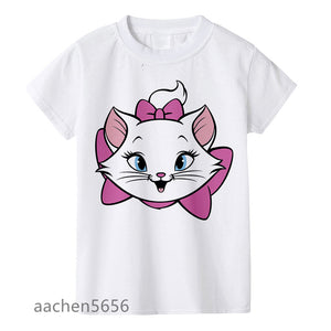 Beautiful GirlS T-shirt Marie Cat Cartoon Print Summer Clothes Children Cute Pink Pattern Tee Top,Drop Ship