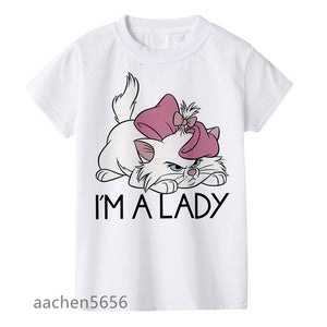 Beautiful GirlS T-shirt Marie Cat Cartoon Print Summer Clothes Children Cute Pink Pattern Tee Top,Drop Ship