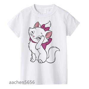 Beautiful GirlS T-shirt Marie Cat Cartoon Print Summer Clothes Children Cute Pink Pattern Tee Top,Drop Ship