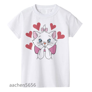 Beautiful GirlS T-shirt Marie Cat Cartoon Print Summer Clothes Children Cute Pink Pattern Tee Top,Drop Ship
