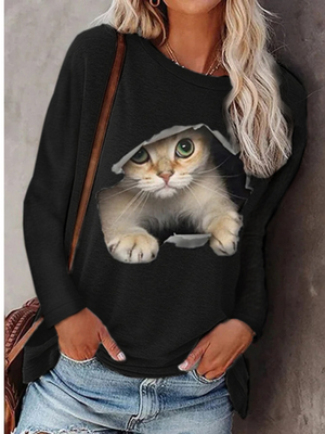 Women Autumn and Winter T-Shirts Long Sleeved Round Neck Cat Ptinting Shirts Casual Pullover Ladies Tops