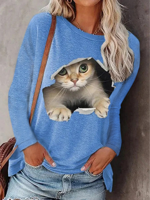 Women Autumn and Winter T-Shirts Long Sleeved Round Neck Cat Ptinting Shirts Casual Pullover Ladies Tops