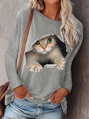 Women Autumn and Winter T-Shirts Long Sleeved Round Neck Cat Ptinting Shirts Casual Pullover Ladies Tops