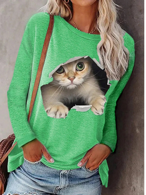 Women Autumn and Winter T-Shirts Long Sleeved Round Neck Cat Ptinting Shirts Casual Pullover Ladies Tops