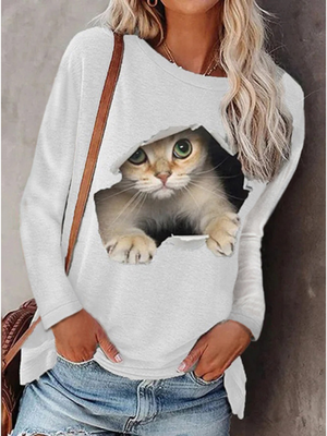 Women Autumn and Winter T-Shirts Long Sleeved Round Neck Cat Ptinting Shirts Casual Pullover Ladies Tops