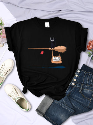 Cute Cat Not In Service Comics Printing Women Soft Cartoons Soft Tshirt Fashion Crewneck Tshirts Vintage Loose T Shirts Couple